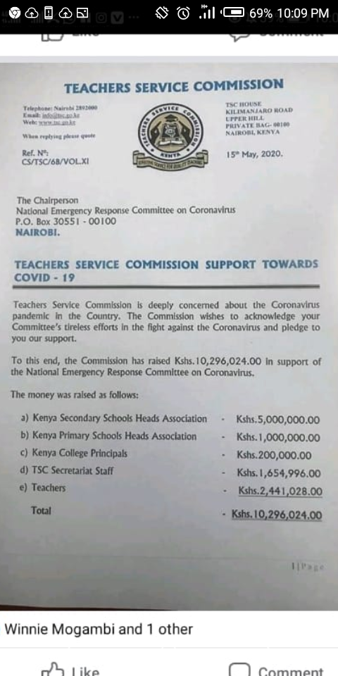 TSC raises over Kshs 10 million to support the Covid 19 emergency response team.