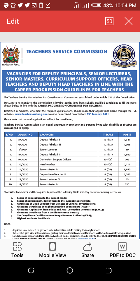 How to Apply for the 15,200 Promotion Vacancies For Teachers Currently Available at the Teachers service Commission, TSC; TSC Promotions 2020, C3 to C4, Number of slots per grade, Application Requirements, Procedure & Deadline