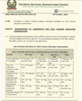 KNEC Releases Timetable for Registration of DTE, Diploma and ECD Examination Activities Timelines