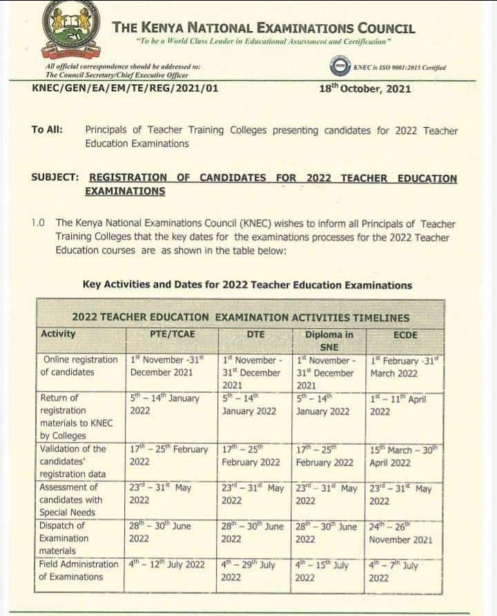 KNEC Releases Timetable for Registration of DTE, Diploma and ECD Examination Activities Timelines