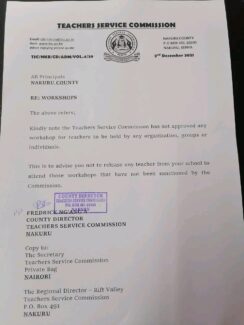 TSC Memo Bans Workshops For All Teachers: TSC Memo Addressed to Principals On Teacher Workshops And Seminars 4 TSC Memo Bans Workshops For All Teachers: TSC Memo Addressed to Principals On Teacher Workshops And Seminars