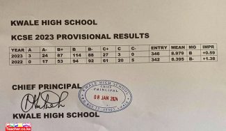 Kwale High KCSE 2023-2024 Results-Performance Analysis and Ranking by Knec in 2024; School Mean Score-8.979B (KCSE 2023), Number of A=3, A-=24, Grade Summary, and Distribution & Transition Rate to Universities and Colleges in 2024
