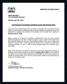 School Reopening Dates Postponed to  Monday, May 6.