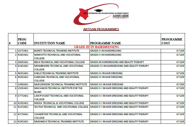 List of all Kuccps Artisan Courses