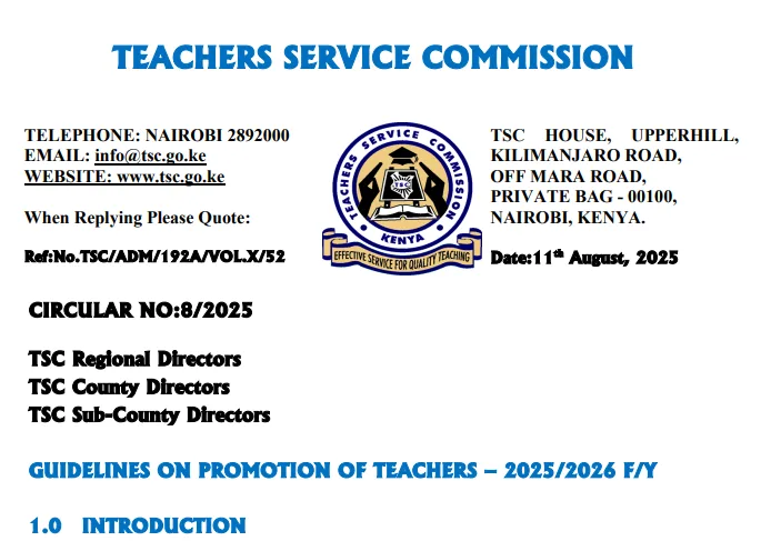 TSC Circular on Guidelines for teacher promotions 2025 to 2026