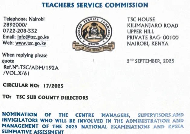 TSC Circular on Nomination of Knec Supervisors, Invigilators and Centre Managers.