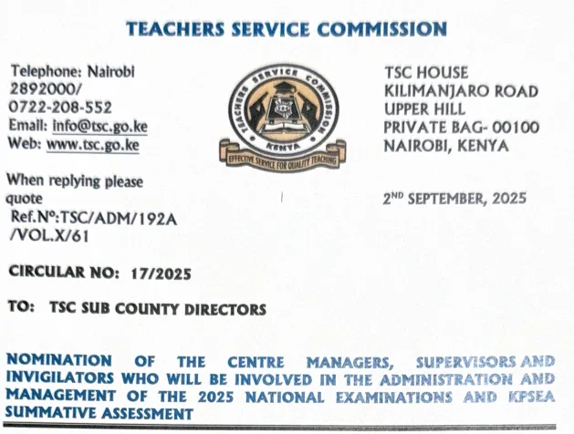 TSC Circular on Nomination of Knec Supervisors, Invigilators and Centre Managers.