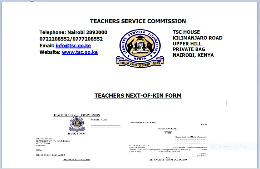 TSC Forms Required During Recruitment: Teachers' Next of Kin Form, GP 69 Medical Examination & Bank Form