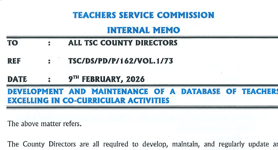 TSC Circular on Collection of data on Teachers excelling in extracurricular activities