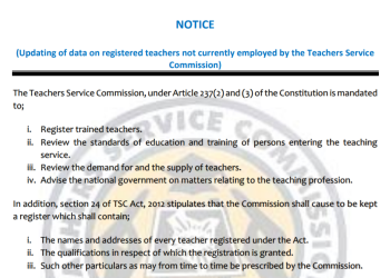 TSC Circular on Updating of data on registered teachers not currently employed by the Teachers Service Commission