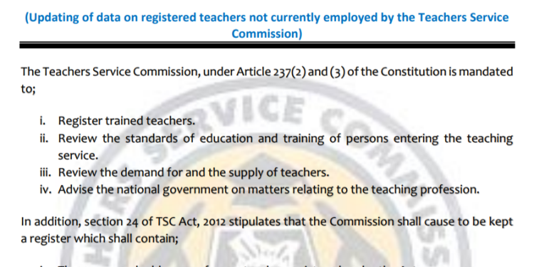 TSC Circular on Updating of data on registered teachers not currently employed by the Teachers Service Commission