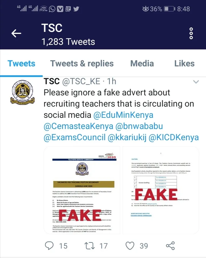 Fake TSC recruitment advert; Commission Cautions Teachers about a Fake TSC Recruitment Advert Circulating on the Social Media