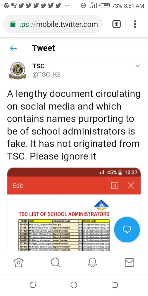 TSC RECEIVES BACKLASH FOR DENOUNCING A LENGTHY DOCUMENT CONTAINING DETAILS OF ALL SCHOOL ADMINISTRATORS IN ALL THE 47 COUNTIES; TSC NEWS