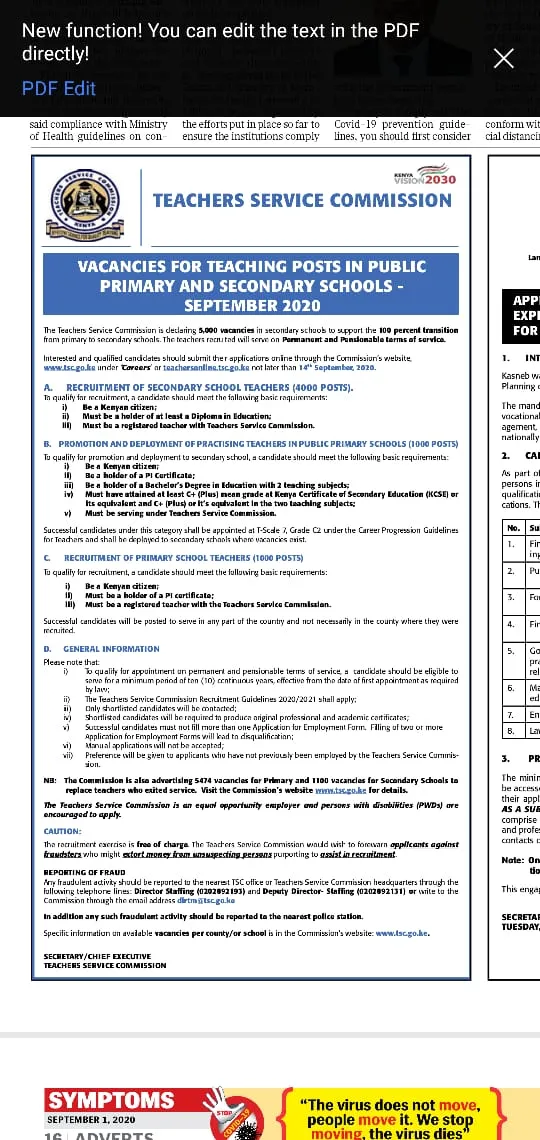 TSC RECRUITMENT SCHEDULE, INTERVIEW DATES AND VENUES PER COUNTY FOR SEPTEMBER 2020 RECRUITMENT/ REPLACEMENT/ DEPLOYMENT VACANCIES; Baringo County