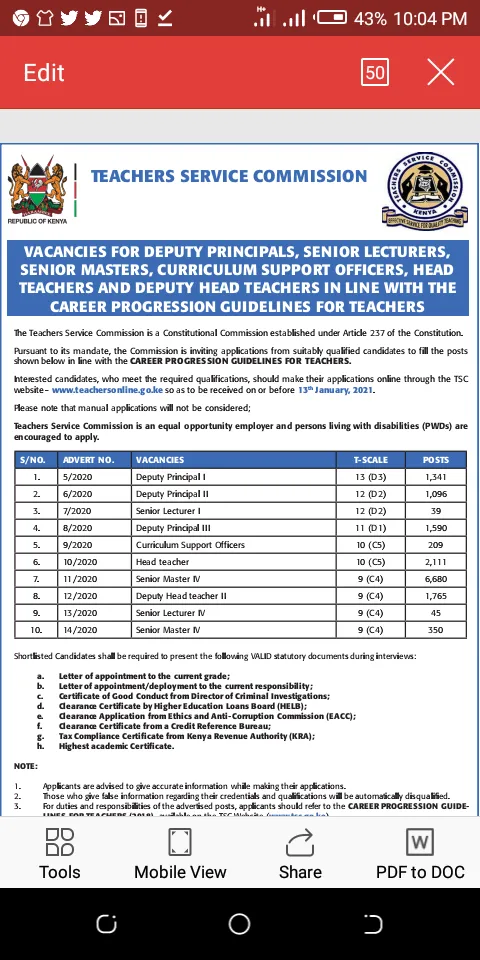 How to Apply for the 15,200 Promotion Vacancies For Teachers Currently Available at the Teachers service Commission, TSC; TSC Promotions 2020, C3 to C4, Number of slots per grade, Application Requirements, Procedure & Deadline