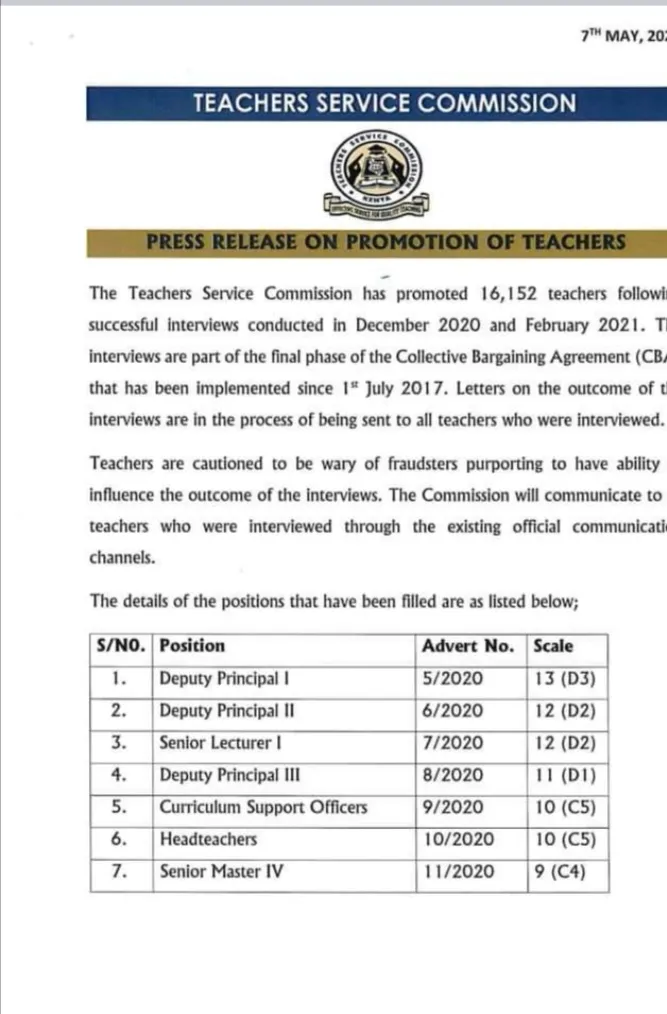 TSC Promotions 2021; Commission sets new interview dates for 1, 000 Promotions for Diploma Teachers (Next Week) of