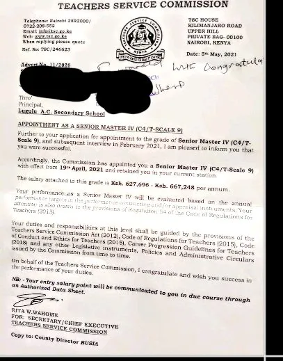 Below is a sample letter of Promotion to senior master IV which is an entry grade to administration.