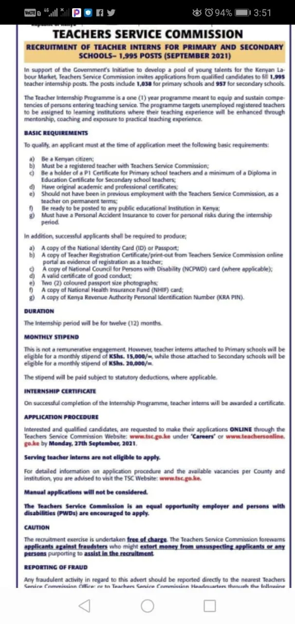 TSC Guidelines, Instructions for the Recruitment of Freshly Graduated Intern Teachers in all Secondary Schools Applicable November-December 2021 to 2022: TSC Releases Fresh Guidelines for the Absorption of Newly Graduated Teachers into the Mandatory TSC Internship Program for a Minimum Period of 12 Months. Get all the Verified Information on the Ongoing TSC Internship Recruitment Exercise 2021-2022 Here