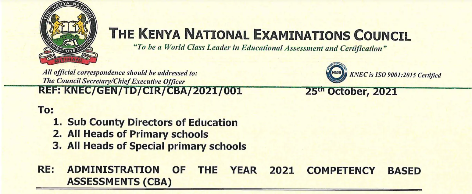 Knec Circular on Administration of Competence Based Assessment, CBA, Tests affecting Grades 3, 4 and 5