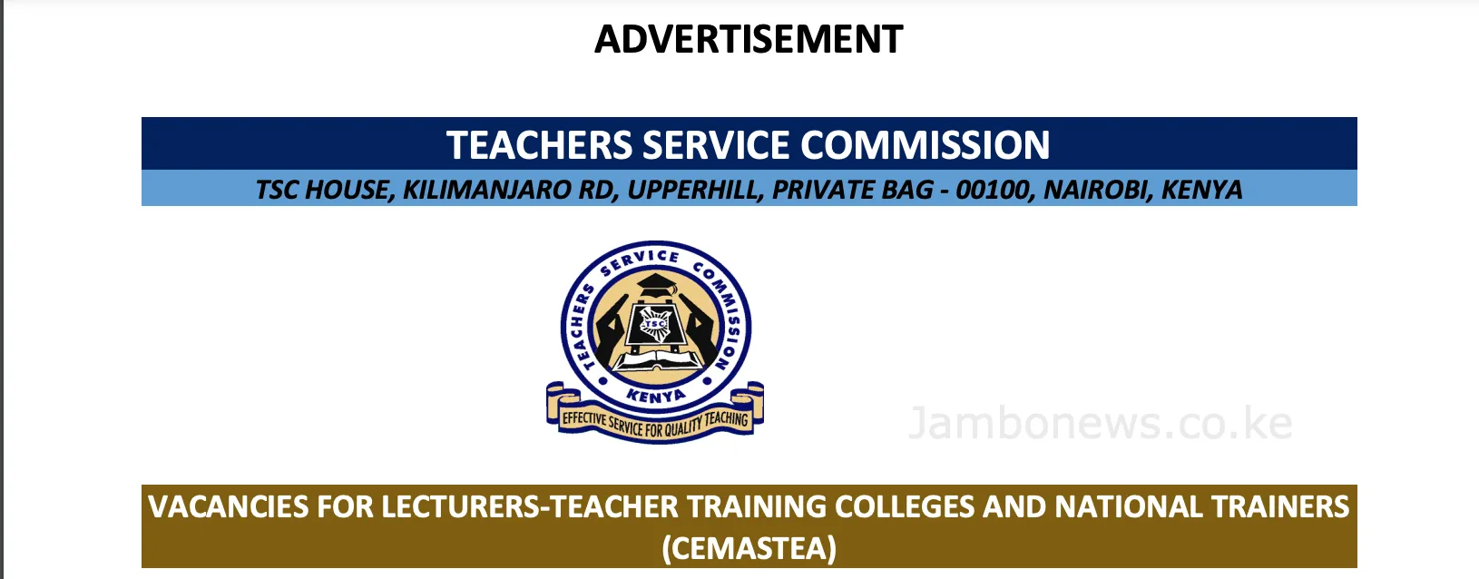 TSC Deployment 2022; Here are the advertised TSC deployment posts CEMASTEA 2022