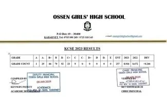 Ossen (Girls) High School KCSE 2023-2024 Results and Form One Admission; Ossen Girls High School Results Analysis and Ranking by Knec in 2023; Current KCSE (2023) School Mean Score (9.2), Number of As, A- Minus, Grade Summary, Distribution & Rank-Position 63 (nationally)