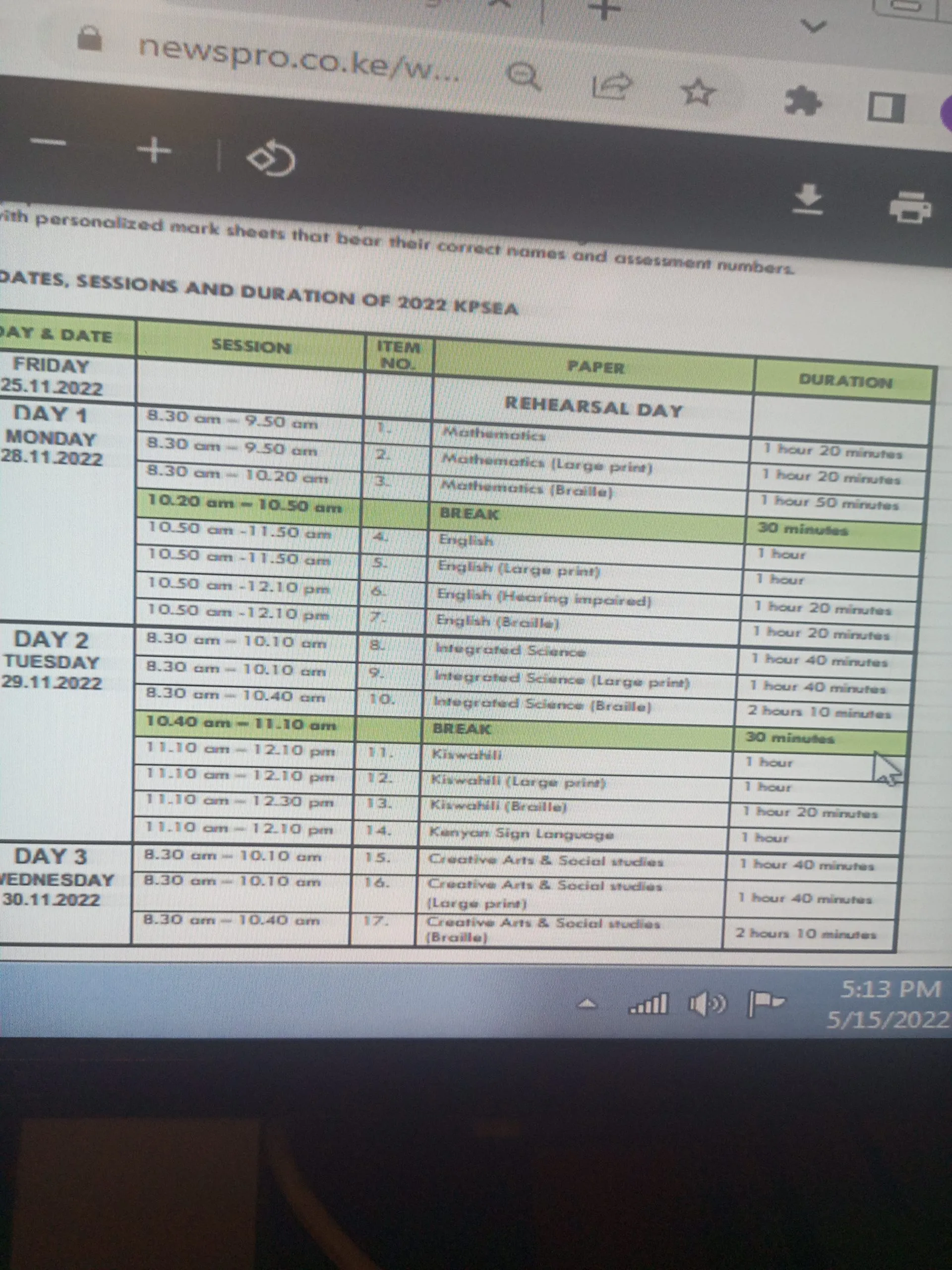 KPSEA 2022 Knec Grade 6 Timetable Pdf Format FREE Download, Dates, Timings of Exams and Instructions to Candidates