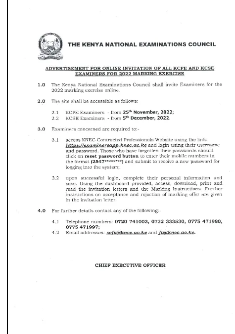 Knec Examiners 2022 Invitation; Knec Advertises the Following: 2022 Examiners' Vacancies, Application Deadline and Reporting Dates